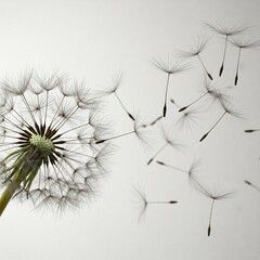white dandelion seeds floating in the air against a white background