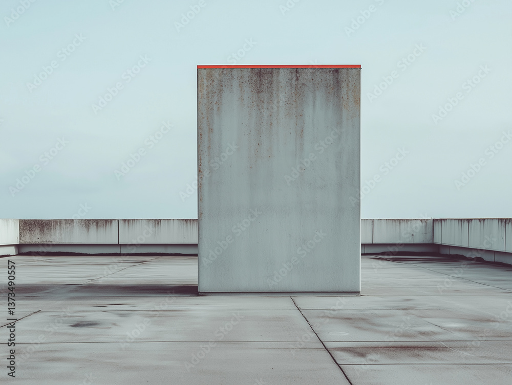 Poster minimalist rooftop scene featuring large concrete structure with red top, surrounded by open sky
