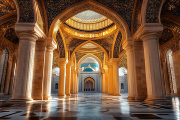 Grand mosque interior with arched columns, blue and gold ceiling mosaics, and polished marble floors reflecting sunlight. Concept Islamic architecture, cultural heritage, sacred design