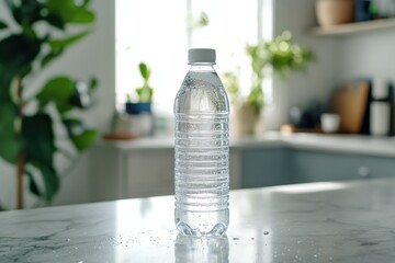 Clear Plastic Water Bottle on Marble Countertop in Bright Kitchen