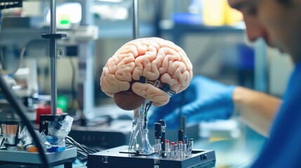 Neurotechnology engineer developing brain controlled prosthetics for amputees, lab with brainwave sensors and prosthetic limbs, NeuroTech style