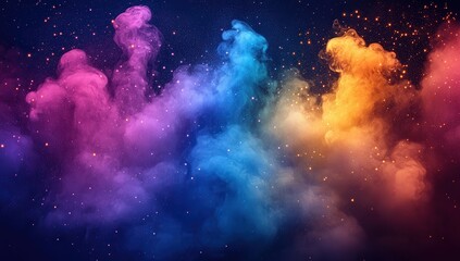 Naklejka premium Vibrant explosion of colorful smoke swirling in the dark sky with glowing sparkles.