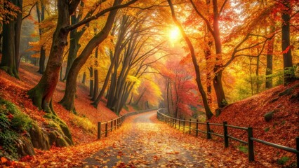 Obraz premium Autumnal Path Through a Golden Forest, Sunlight Dappling the Leaves on a Winding Road
