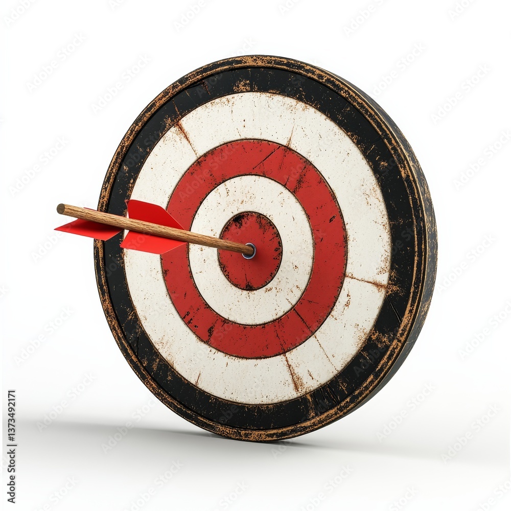 Poster Target Practice: A Rustic Arrow Strikes the Bullseye of a Distressed Red and White Target on a Clean White Background
