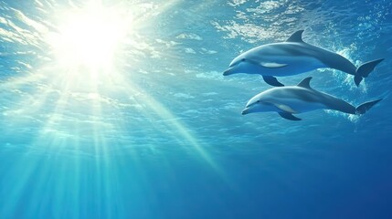 Fototapeta premium Dolphin A mother dolphin and her calf swimming together in the open ocean.