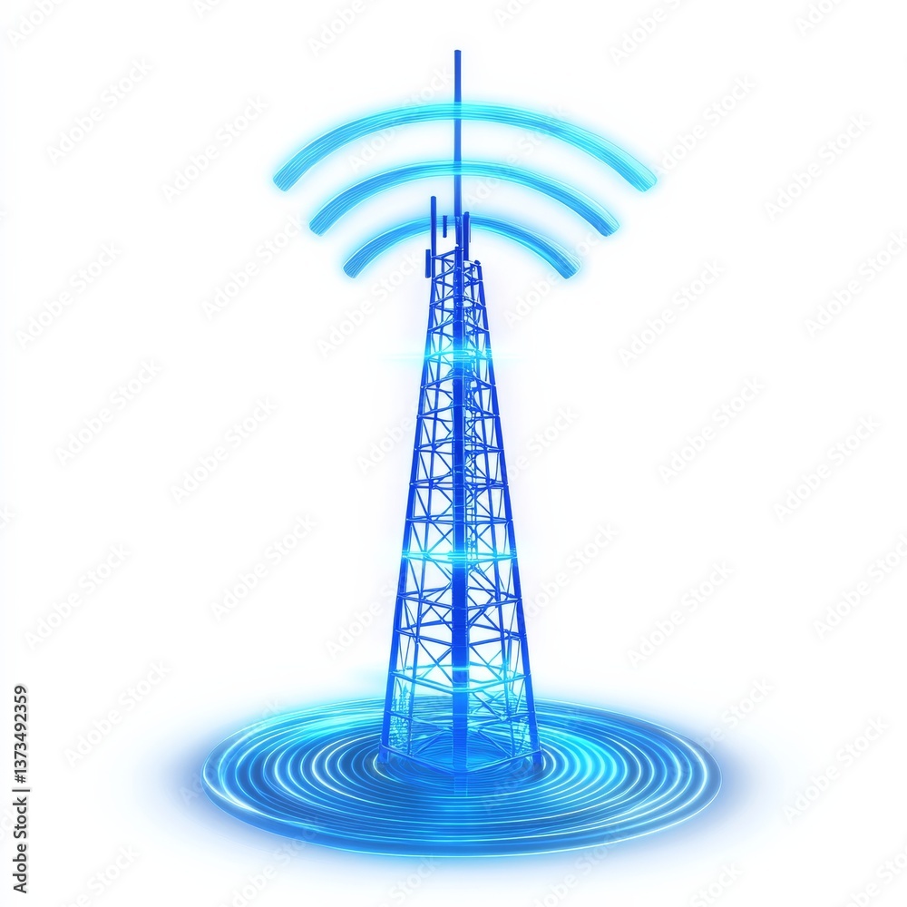Poster telecommunication tower emitting signals: futuristic 5g network connectivity and digital communicati