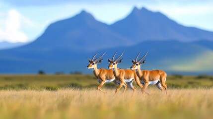 Fauna A group of antelopes running freely across a grassy plain.