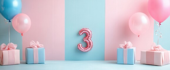 Pastel-themed third birthday celebration with balloons and wrapped gifts.