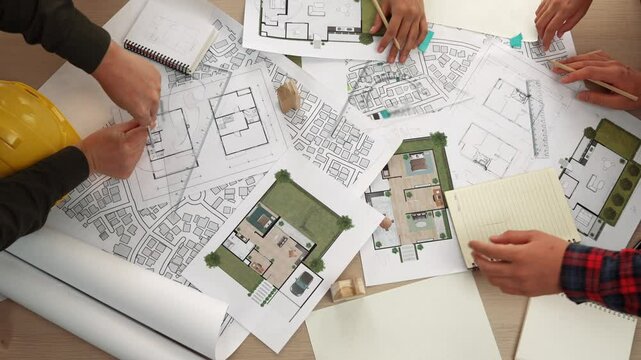Architect and safety engineer discussion about building construction use blueprint on table with architectural document, measurement tool and wooden block scatter around at modern office. Delineation.
