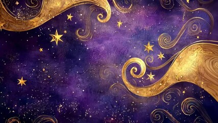 Magical comic-style background in purple and gold featuring swirling patterns and stars, creating a mystical fantasy vibe perfect for enchanted themes.