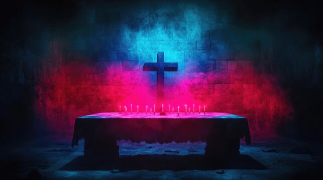 Candles glow on a stone altar under a cross in moody, colorful lighting