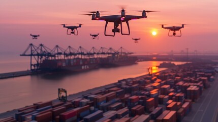 Drone Delivery Sunset  Aerial View of Shipping Port