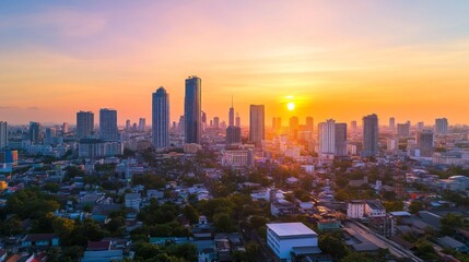Obraz premium Sunset cityscape urban landscape aerial view bangkok thailand vibrant atmosphere modern architecture