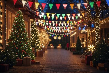 Obraz premium Stunning Holiday Decorations with Glittering Lights and Vibrant Pennants