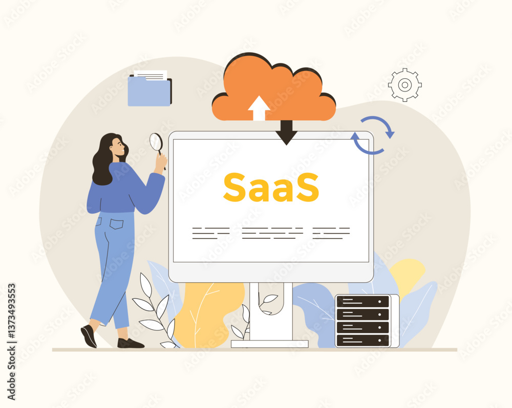 Wall mural saas concept, software as a service. cloud computing and storage, online subscription to programs. f