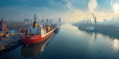 Fototapeta premium Container ship docking at a busy industrial port in cityscape scenery