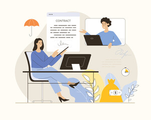 Online agreement, digital signature. Partnership and cooperation. Man and woman signing electronic contract online. Flat vector illustration.