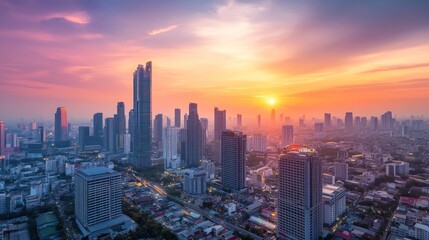 Sunset skyline over a bustling city urban environment aerial view landscape photography
