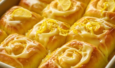 A baking dish filled with golden brown lemon sweet rolls, Generative AI