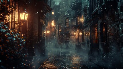 Vintage Urban Alleyway Illuminated by Classic Street Lamps at Night