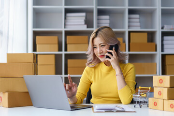 Serious female entrepreneur talking on phone about delivery while managing e-commerce business from...