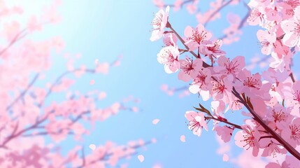Serene Spring Blossom  Pink Cherry Tree Branches  Pastel Sky  Floral Background