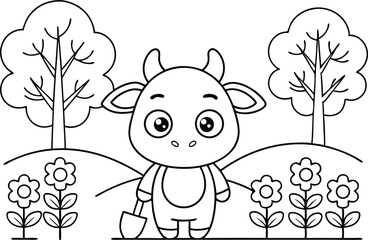 Line Art Cute Cartoon Cow with Shovel, Flowers, and Trees on Transparent