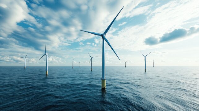 Renewable energy engineer designing floating wind turbines for offshore energy generation, ocean with wind turbines and sea breeze, Offshore Wind Energy style