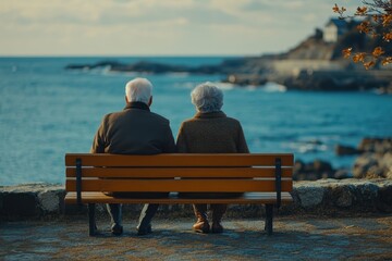 Elderly couple enjoying a serene moment by the seaside on a cloudy afternoon