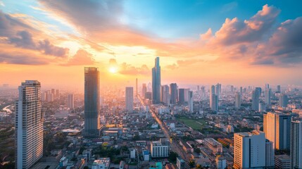 Fototapeta premium Stunning sunset over skyscrapers city skyline aerial view urban landscape vibrant colors peaceful atmosphere