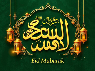 Elegant Eid Mubarak Arabic Calligraphy with Golden Lanterns