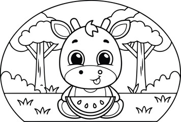 Outlined Cartoon Cow with Watermelon Slice on Grass, Trees with Transparent Background