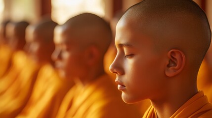Buddhist monks in a row at a temple in the morning