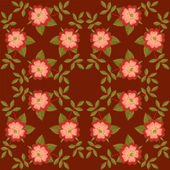 seamless drawing of wild rose with leaves and buds on a burgundy background arranged in a circle