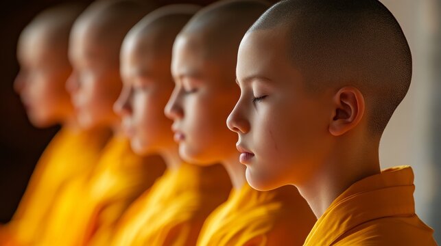 Row of monk in orange dress in a Buddhist temple.