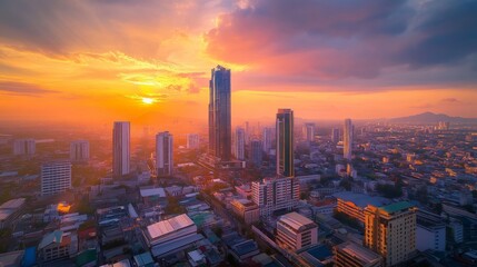 Obraz premium Sunset skyline view over urban landscape cityscape photography vibrant city life evening atmosphere