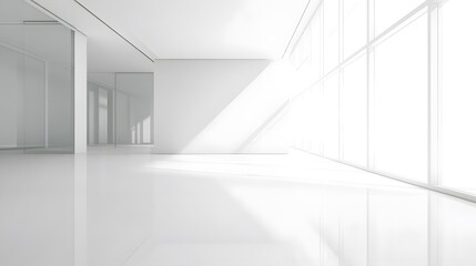 Modern White and Glass Open Space Office Interior with Blank Wall for Professional Business Use
