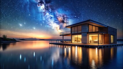 Serene Lakeside Residence Under a Starry Night Sky, Illuminated with Warm Interior Lighting Reflecting on the Calm Water