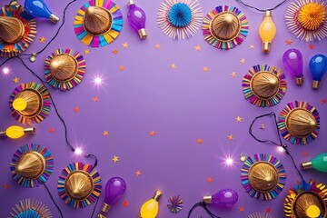 Lively Festival Party Crowns Whistles and Lights on Lavender Backdrop