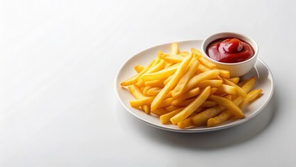 A delectable plate of golden-brown, crispy french fries served with a small bowl of vibrant red tomato ketchup on a pristine white surface.