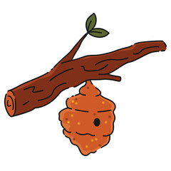 Bee hive hanging on a tree branch with leaves in cartoon style. Vector illustration isolated on white background