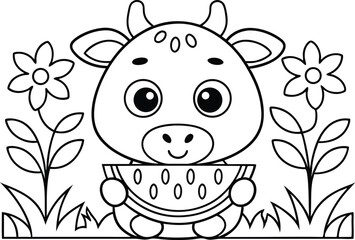 Cartoon Cow with Watermelon and Flowers in Black and White Line Art Design
