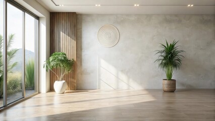 Serene Minimalist Interior Design with Sunlight Streaming Through Large Window and Potted Plants