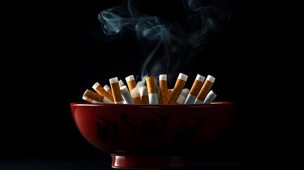 Aesthetic Bowl Filled with Smoking Cigarettes - Tobacco Addiction Conceptual Photography