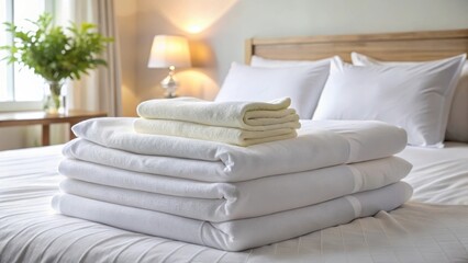 Neatly Stacked Fresh White Bed Linens and Towels on a Made Bed