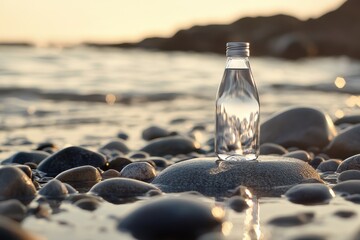 Obraz premium Clear Bottle of Water on Rocks by Calm Seashore During Sunset