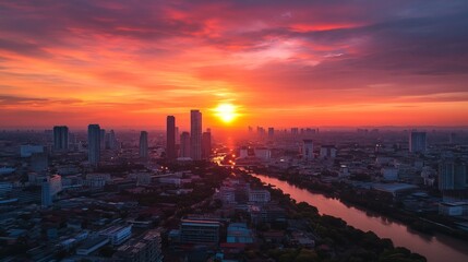Fototapeta premium Breathtaking sunset over city skyline urban landscape aerial photography vibrant atmosphere stunning viewpoint