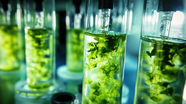 Renewable energy scientist designing algae based biofuels for sustainable energy production, lab with bioreactors and algae cultures, BioEnergy style