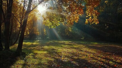 Fototapeta premium Sunbeams stream through autumn trees illuminating a grassy field
