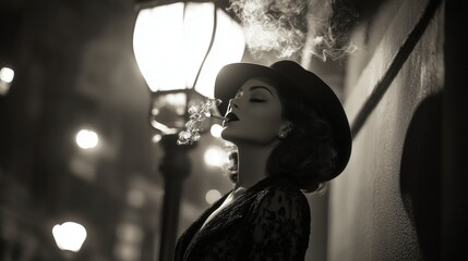 Mysterious woman in a vintage dress smoking under a streetlamp, retro noir-style with dramatic 1940s atmosphere